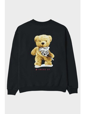 Ankhises Teddy Bear Dress Up Arka Baskılı Siyah Oversize Sweatshirt Erkek Kadın Bisiklet Yaka