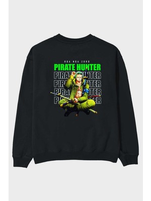 Ankhises Roronoa Zoro 4 Arka Baskılı Siyah Oversize Sweatshirt Erkek Kadın Bisiklet Yaka
