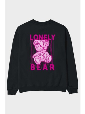 Ankhises Lonely Bear Arka Baskılı Siyah Oversize Sweatshirt Erkek Kadın Bisiklet Yaka