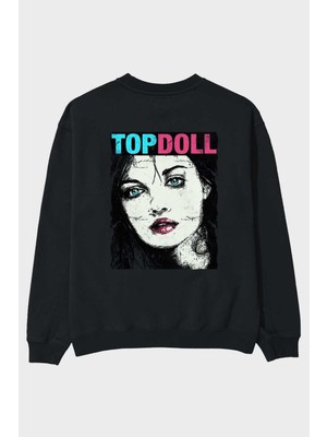 Ankhises Topdoll Streetwear Arka Baskılı Siyah Oversize Sweatshirt Erkek Kadın Bisiklet Yaka