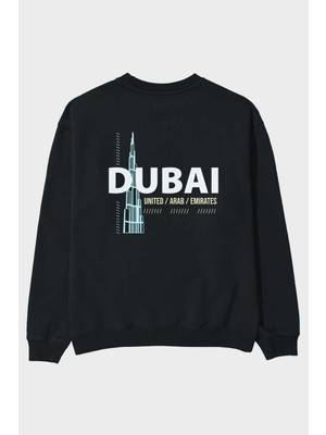 Ankhises Dubai Arka Baskılı Siyah Oversize Sweatshirt Erkek Kadın Bisiklet Yaka