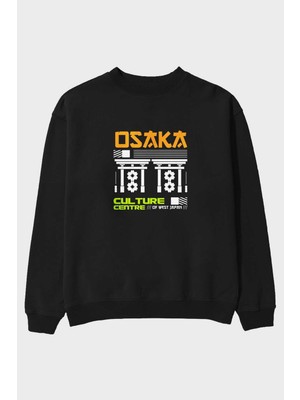 Ankhises Osaka Culture West Japan Ön Baskılı Siyah Oversize Sweatshirt Erkek Kadın Bisiklet Yaka