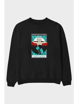 Ankhises Nacho Libre Einstein Ön Baskılı Siyah Oversize Sweatshirt Erkek Kadın Bisiklet Yaka