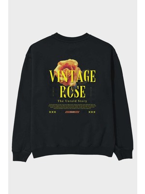Ankhises Vintage Rose Yazılı Arka Baskılı Siyah Oversize Sweatshirt Erkek Kadın Bisiklet Yaka