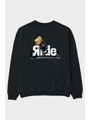 Ankhises Teddy Bear Ride Arka Baskılı Siyah Oversize Sweatshirt Erkek Kadın Bisiklet Yaka