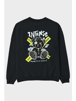 Ankhises Teddy Bear Intense Arka Baskılı Siyah Oversize Sweatshirt Erkek Kadın Bisiklet Yaka