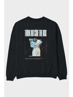 Ankhises Think Outside The Box Arka Baskılı Siyah Oversize Sweatshirt Erkek Kadın Bisiklet Yaka