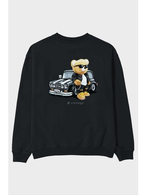 Ankhises Teddy Bear Vintage Arka Baskılı Siyah Oversize Sweatshirt Erkek Kadın Bisiklet Yaka