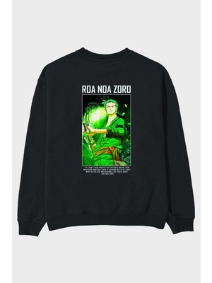 Ankhises Roronoa Zoro 5 Arka Baskılı Siyah Oversize Sweatshirt Erkek Kadın Bisiklet Yaka
