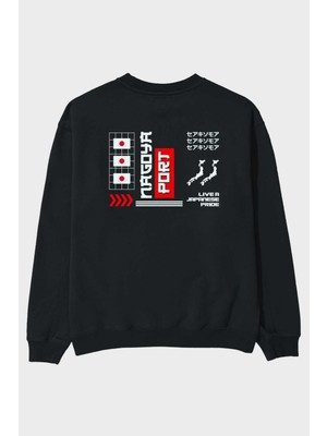 Ankhises Nagoya Port Arka Baskılı Siyah Oversize Sweatshirt Erkek Kadın Bisiklet Yaka