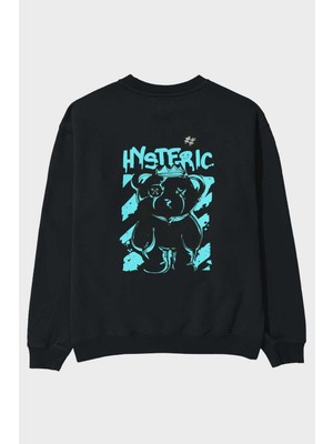 Ankhises Hysteric Bear Arka Baskılı Siyah Oversize Sweatshirt Erkek Kadın Bisiklet Yaka