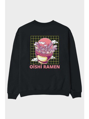Ankhises Oishi Ramen Yazılı Arka Baskılı Siyah Oversize Sweatshirt Erkek Kadın Bisiklet Yaka
