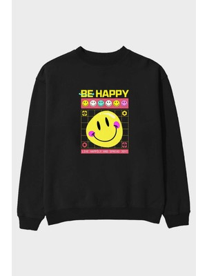Ankhises Be Happy Yazılı Ön Baskılı Siyah Oversize Sweatshirt Erkek Kadın Bisiklet Yaka