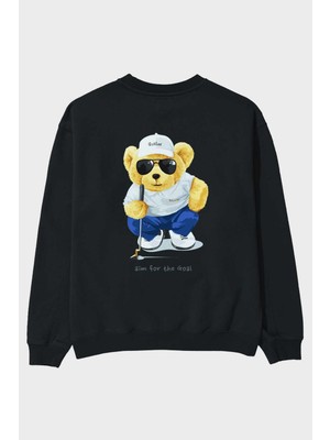 Ankhises Teddy Bear Golfer Arka Baskılı Siyah Oversize Sweatshirt Erkek Kadın Bisiklet Yaka