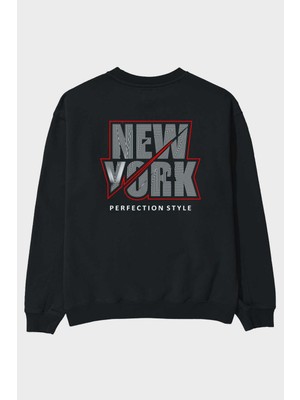 Ankhises New York Perfection Style Arka Baskılı Siyah Oversize Sweatshirt Erkek Kadın Bisiklet Yaka
