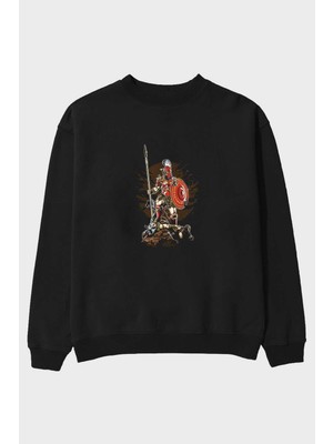 Ankhises Sparta Ön Baskılı Siyah Oversize Sweatshirt Erkek Kadın Bisiklet Yaka