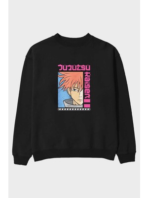 Ankhises Jujutsu Kaisen Ön Baskılı Siyah Oversize Sweatshirt Erkek Kadın Bisiklet Yaka