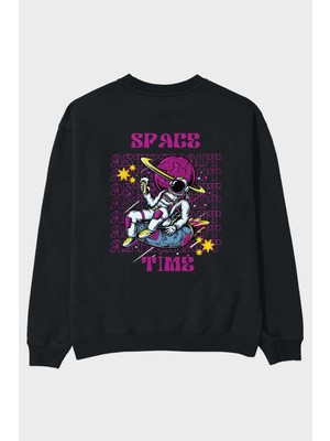 Ankhises Space Time Astronaut Arka Baskılı Siyah Oversize Sweatshirt Erkek Kadın Bisiklet Yaka