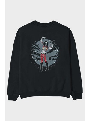 Ankhises Marilyn Manson Arka Baskılı Siyah Oversize Sweatshirt Erkek Kadın Bisiklet Yaka