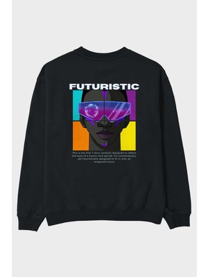 Ankhises Futuristic Streetwear Arka Baskılı Siyah Oversize Sweatshirt Erkek Kadın Bisiklet Yaka