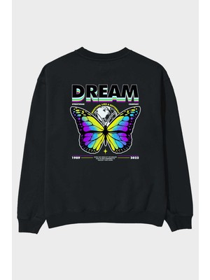 Ankhises Dream Company Arka Baskılı Siyah Oversize Sweatshirt Erkek Kadın Bisiklet Yaka