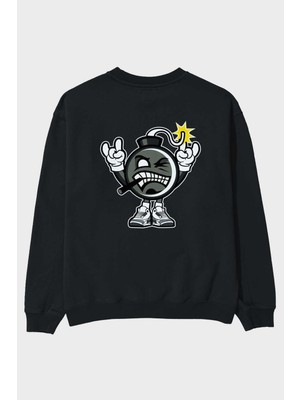 Ankhises Evil Bomb Arka Baskılı Siyah Oversize Sweatshirt Erkek Kadın Bisiklet Yaka