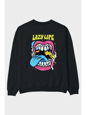 Ankhises Lazy Lipe Arka Baskılı Siyah Oversize Sweatshirt Erkek Kadın Bisiklet Yaka