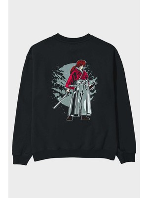 Ankhises Kenshin Arka Baskılı Siyah Oversize Sweatshirt Erkek Kadın Bisiklet Yaka