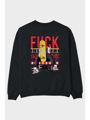 Ankhises Skate Or Die Arka Baskılı Siyah Oversize Sweatshirt Erkek Kadın Bisiklet Yaka