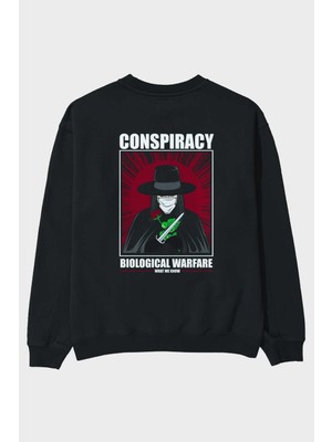Ankhises Vendetta Masker Arka Baskılı Siyah Oversize Sweatshirt Erkek Kadın Bisiklet Yaka