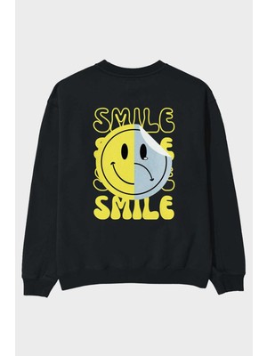 Ankhises Smile Yazılı Arka Baskılı Siyah Oversize Sweatshirt Erkek Kadın Bisiklet Yaka