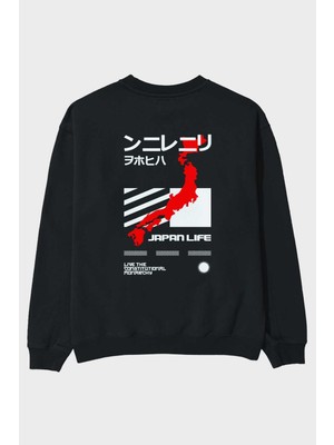 Ankhises Japan Life Arka Baskılı Siyah Oversize Sweatshirt Erkek Kadın Bisiklet Yaka