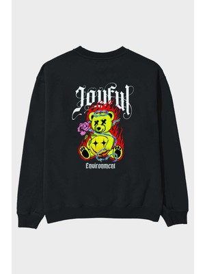 Ankhises Joyful Bear Arka Baskılı Siyah Oversize Sweatshirt Erkek Kadın Bisiklet Yaka