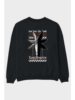 Ankhises God Save The Youth Arka Baskılı Siyah Oversize Sweatshirt Erkek Kadın Bisiklet Yaka