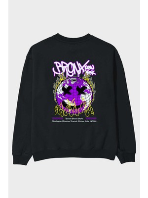 Ankhises Bronx New York Arka Baskılı Siyah Oversize Sweatshirt Erkek Kadın Bisiklet Yaka