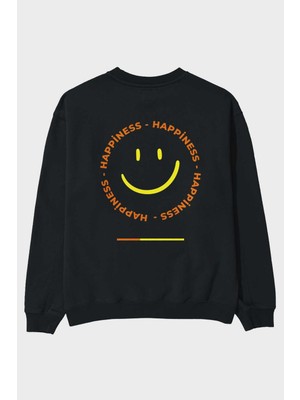 Ankhises Happiness Smile Yazılı Arka Baskılı Siyah Oversize Sweatshirt Erkek Kadın Bisiklet Yaka