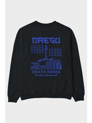 Ankhises Daegu Arka Baskılı Siyah Oversize Sweatshirt Erkek Kadın Bisiklet Yaka