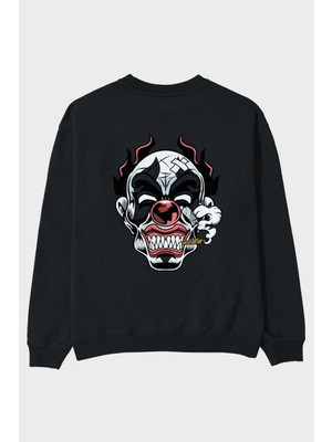 Ankhises Clown Horror Arka Baskılı Siyah Oversize Sweatshirt Erkek Kadın Bisiklet Yaka