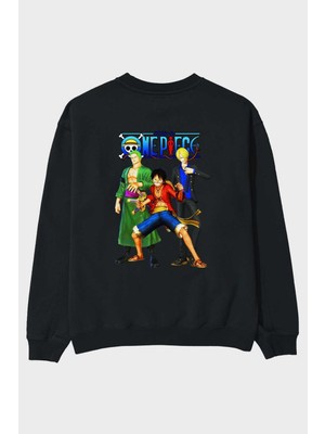Ankhises Luffy Sanji Zoro Arka Baskılı Siyah Oversize Sweatshirt Erkek Kadın Bisiklet Yaka