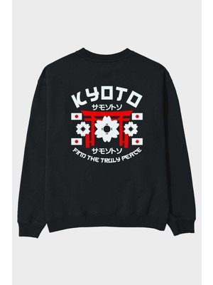 Ankhises Kyoto Find The Truly Peace Arka Baskılı Siyah Oversize Sweatshirt Erkek Kadın Bisiklet Yaka