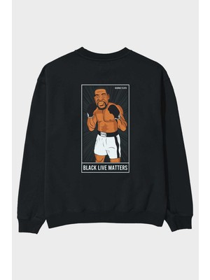 Ankhises George Floyd Boxer Arka Baskılı Siyah Oversize Sweatshirt Erkek Kadın Bisiklet Yaka