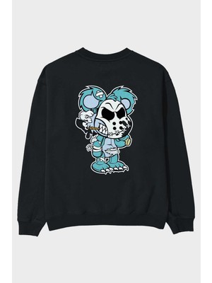Ankhises Evil Teddy Bear Arka Baskılı Siyah Oversize Sweatshirt Erkek Kadın Bisiklet Yaka
