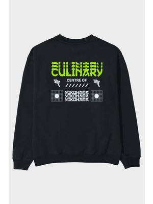 Ankhises Culinary Centre Of Yokohama Arka Baskılı Siyah Oversize Sweatshirt Erkek Kadın Bisiklet Yaka