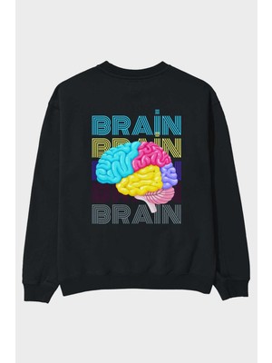 Ankhises Brain Yazılı Arka Baskılı Siyah Oversize Sweatshirt Erkek Kadın Bisiklet Yaka