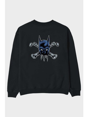 Ankhises Batbones Arka Baskılı Siyah Oversize Sweatshirt Erkek Kadın Bisiklet Yaka