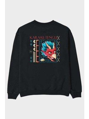Ankhises Karasu Tengu Arka Baskılı Siyah Oversize Sweatshirt Erkek Kadın Bisiklet Yaka