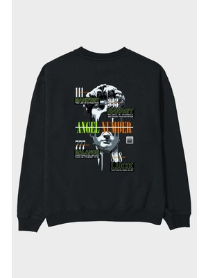 Ankhises Angel Number Arka Baskılı Siyah Oversize Sweatshirt Erkek Kadın Bisiklet Yaka