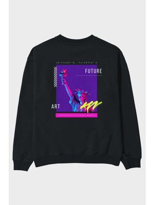 Ankhises Future Streetwear Arka Baskılı Siyah Oversize Sweatshirt Erkek Kadın Bisiklet Yaka