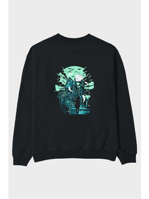 Ankhises Haunted House Arka Baskılı Siyah Oversize Sweatshirt Erkek Kadın Bisiklet Yaka