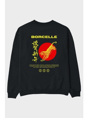 Ankhises Borcelle Tiger Streetwear Arka Baskılı Siyah Oversize Sweatshirt Erkek Kadın Bisiklet Yaka